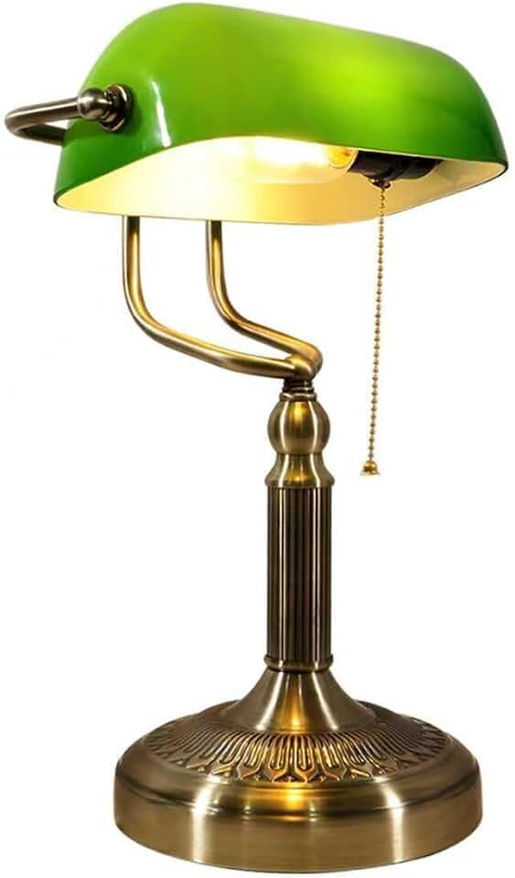 Grüne Banker-Tischlampe aus Glas – Klassische Retro-Tischlampe mit Stecker und Bronzesockel, Zugkettenschalter, geeignet für Büro, Bibliothek, Arbeitszimmer, Homeoffice, Schlafzimmer