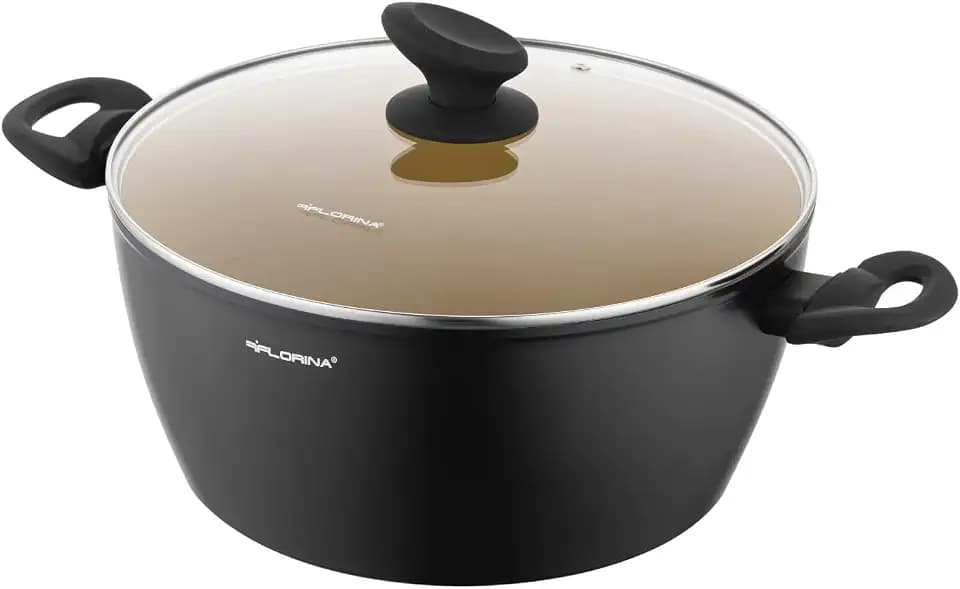 FLORINA AMVEGAN Aluminiumtopf 26 cm I 4,8L I Hohe Haltbarkeit I Glasdeckel I Olivenöl-Keramikbeschichtung I Einfaches Kochen & Spülen I Für alle Herdarten I Originales Design