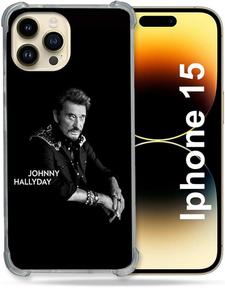 Verstärkte Schutzhülle für iPhone 15 (6.1), Motiv: Johnny Hallyday, Schwarz