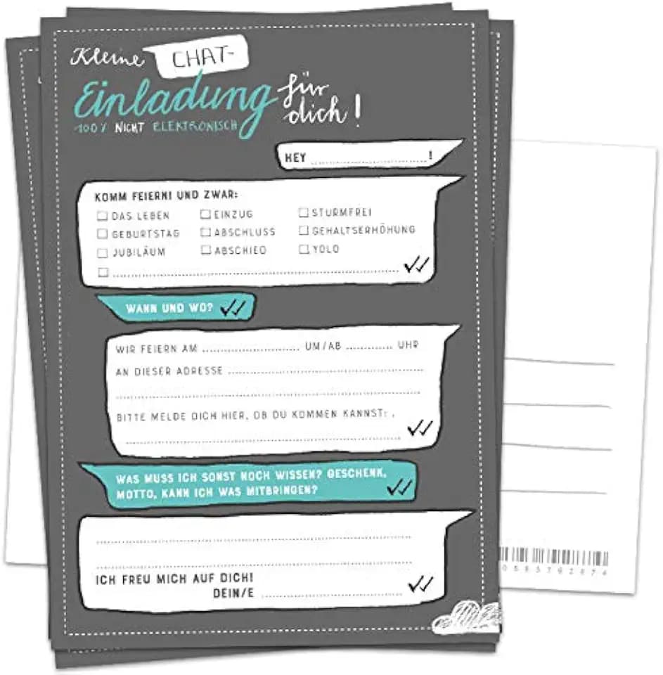 50 Einladungskarten - Kleine Chat Einladung für dich - Grau Weiß Türkis, Postkarten Einladungen zum Geburtstag, Jubiläum, Party, Einzug, Abschluss, Abschiedsfest, DIY Design mit Adressfeld