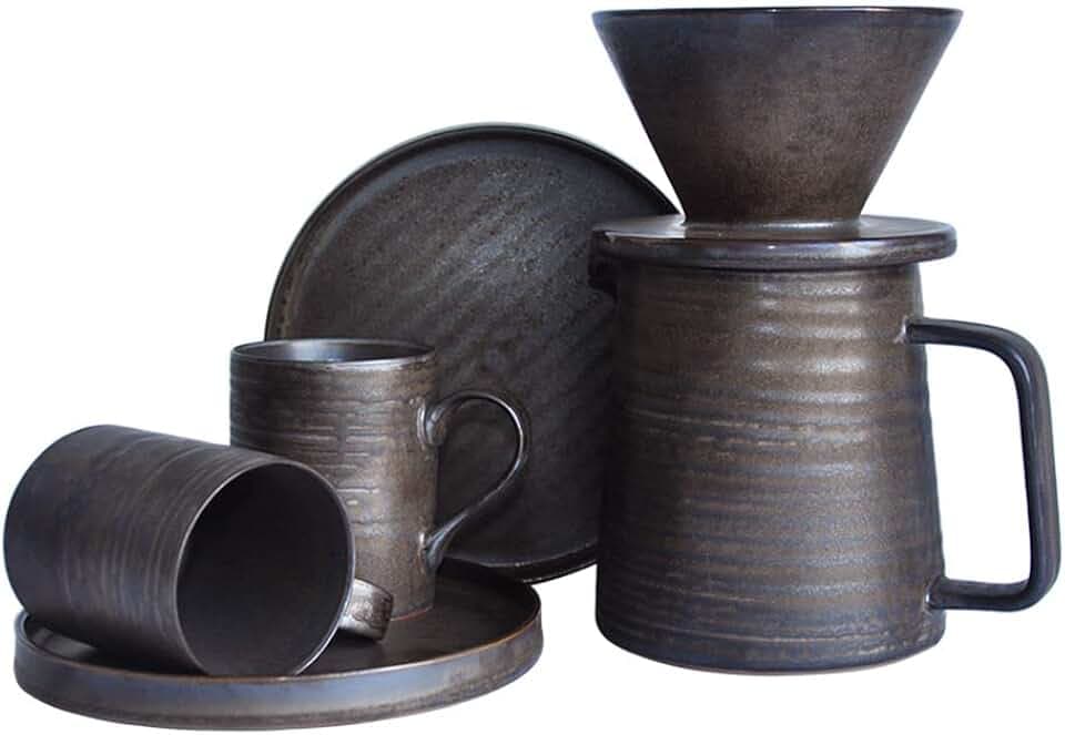 Handgefertigtes Steinzeug Pour-Over-Kaffeebrühset & Becher-Set, Kaffeefilter-Dripper-Kegel, Kaffeekanne & Espresso-Becher & Untertassen Geschenkset, Retro-Metallglasiert, 16oz
