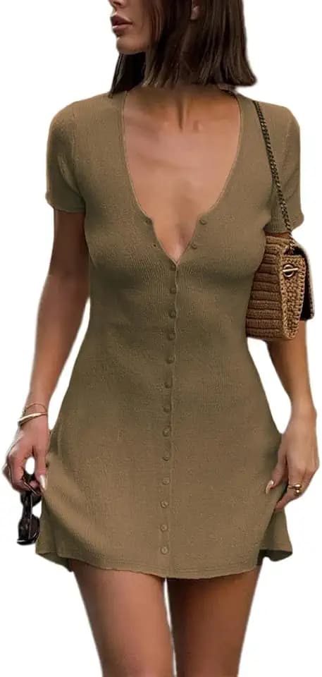 LOFAAC Women Sexy V Neck Button Down Knitted Short Dress Slim Fit Cap Sleeve Flowy Swing Going Out Mini Dress Summer