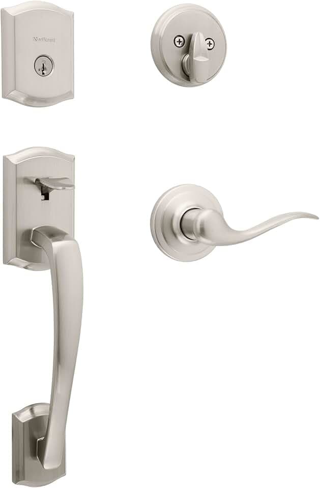 Kwikset Prescott Single Cylinder Front Door Handleset with Tustin Lever Featuring SmartKey Security and Microban Antimicrobial Protection in Satin Nickel