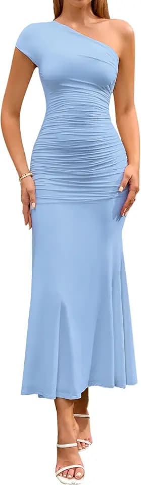 Summer One Shoulder Wedding Guest Dresses for Women Elegant Long Formal Bodycon Ruched Bridesmaid Midi Dress 2026