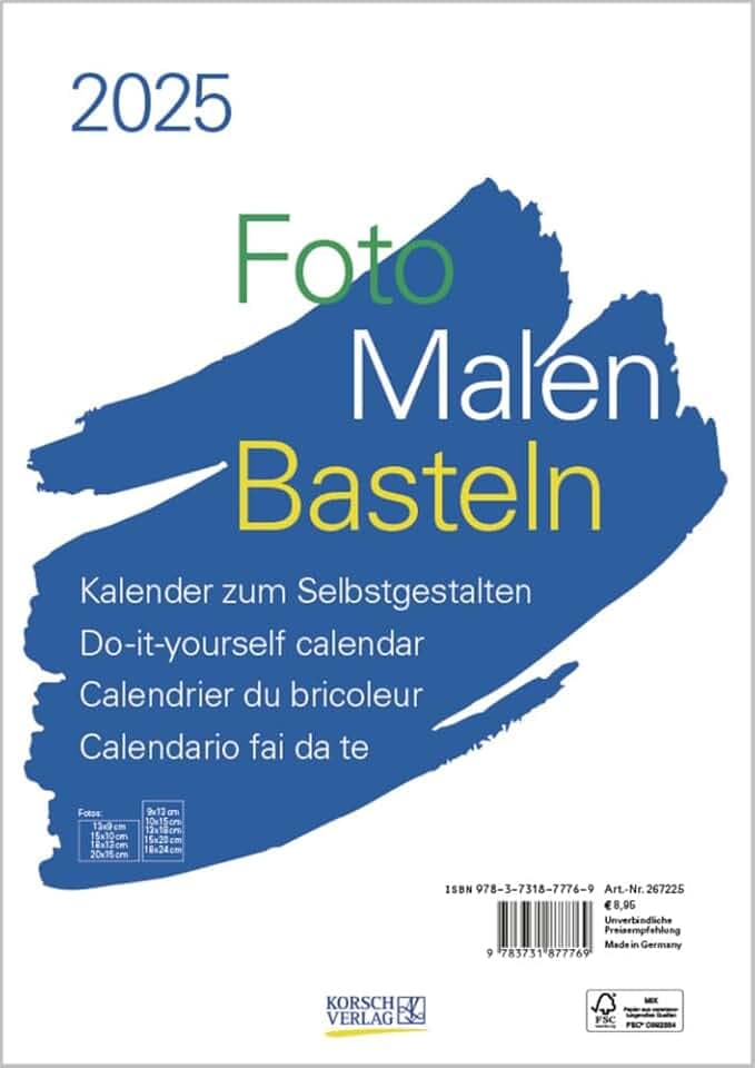 Foto-Malen-Basteln Bastelkalender A4 weiß 2025: Fotokalender zum Selbstgestalten. Do-it-yourself Kalender mit festem Fotokarton.