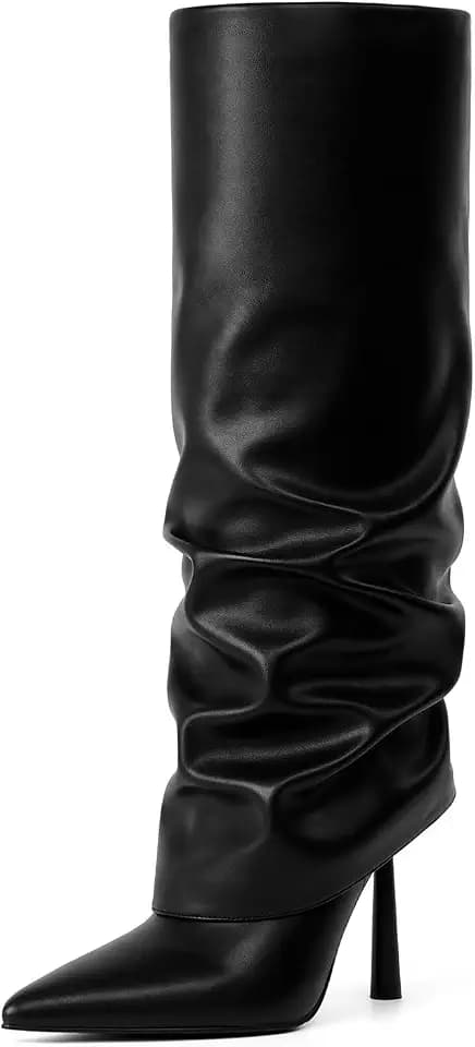 Modatope Fold Over Knee High Boots Pointed Toe Stiletto Heel Shark Boots