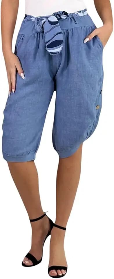 Mississhop Damen Leinen Bermuda Shorts 100% Leinen, kurz, bequem, luftige Freizethose
