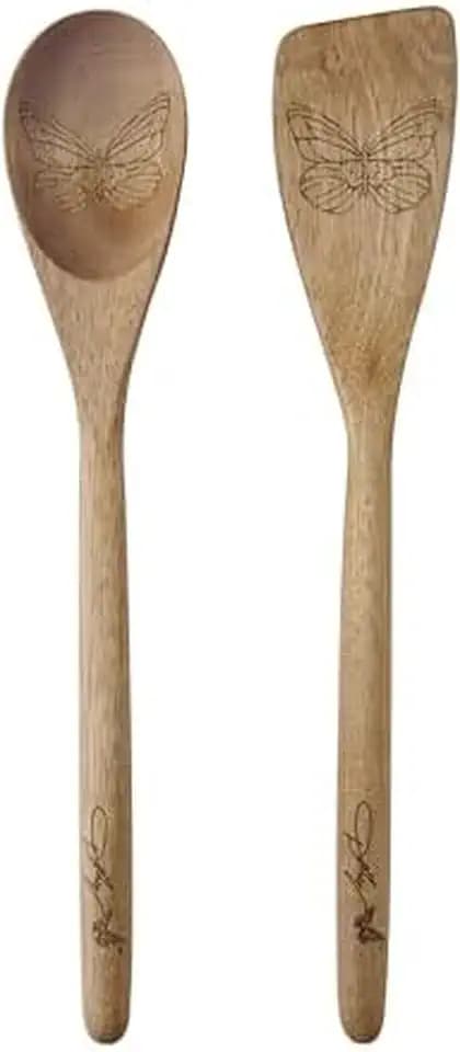 Dolly Parton Acacia Wood Kitchen Tool Set with Butterfly Design, Turner and Spoon for Cooking and Serving, 2 Piece