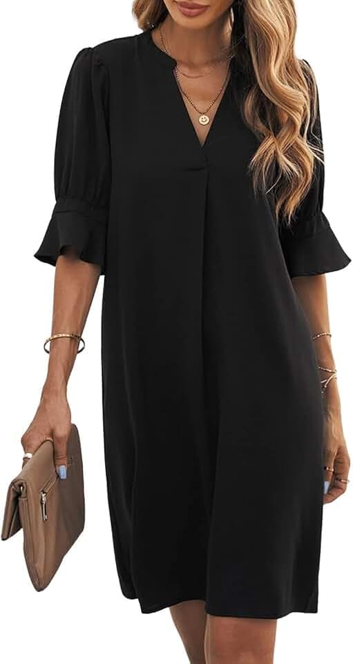 Famulily Frauen V-Ausschnitt Halbarm Hemdkleid Elegant Sommer Casual Einfarbig Kurzes Kleid S-XXL