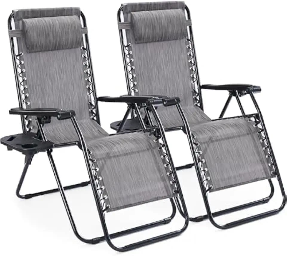 Simple Deluxe Set of 2 Relaxing Recliners Patio Chairs Adjustable Steel Mesh Zero Gravity Lounge Chair Beach Chairs with Pillow and Cup Holder, Grey