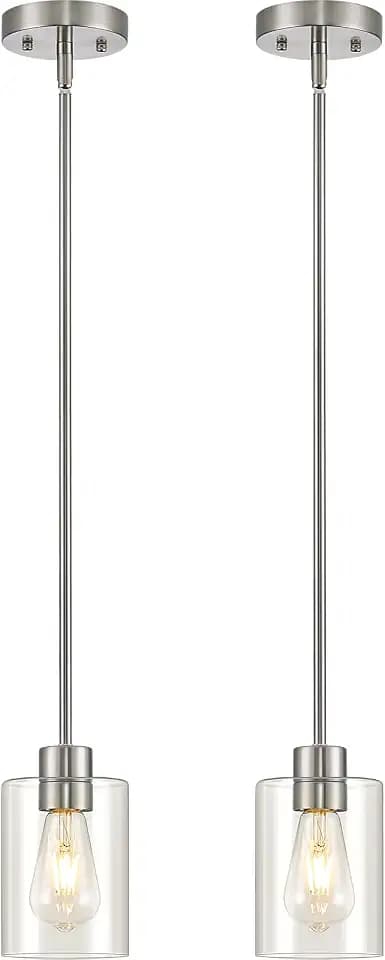 Modern Farmhouse Brushed Nickel Pendant Lights, Mini Hanging Light Fixture with Clear Glass Shade, Adjustable Rods for Kitchen Island, Sink, Bar (2 Pack)