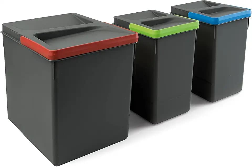 Emuca - Recycle Behälter für Küchenschublade, Höhe 266, 1x15L + 2x7L, Anthrazitgrauer Kunststoff, Kunststoff