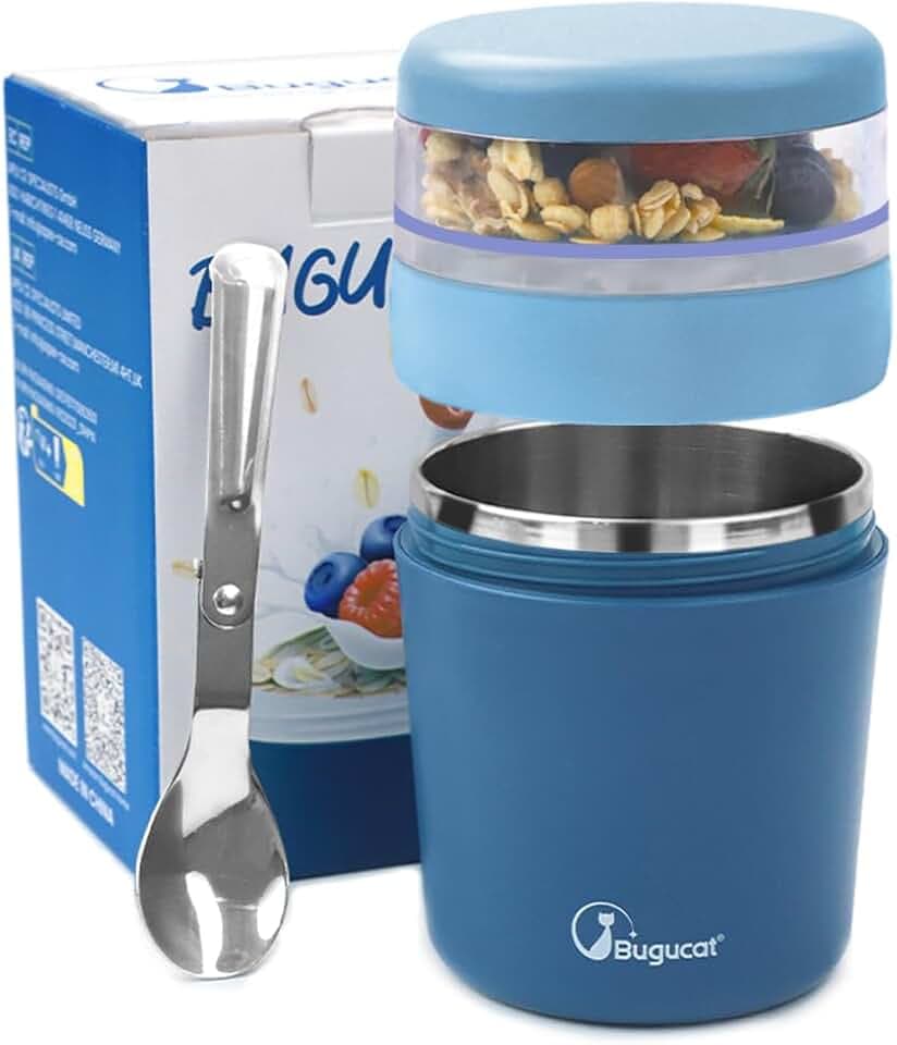 Bugucat 2in1 Müslibecher to Go 500ml+150ml, Praktischer Joghurtbecher & Müslibecher für Picknick, Auslaufsicherer Lunchpot Joghurtbecher to Go mit Löffel, Edelstahl Salatbecher Yoghurt to Go, Blau