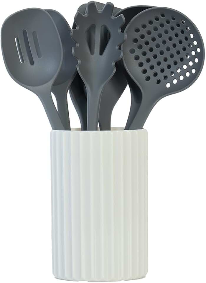 Glad Kitchen Utensils Set, 8pcs - Nonstick Cooking Tools with Utensil Holder - Nylon Spoon, Ladle, Skimmer, Spaghetti Server, and Turner Spatula Set - Dishwasher Safe, Grey