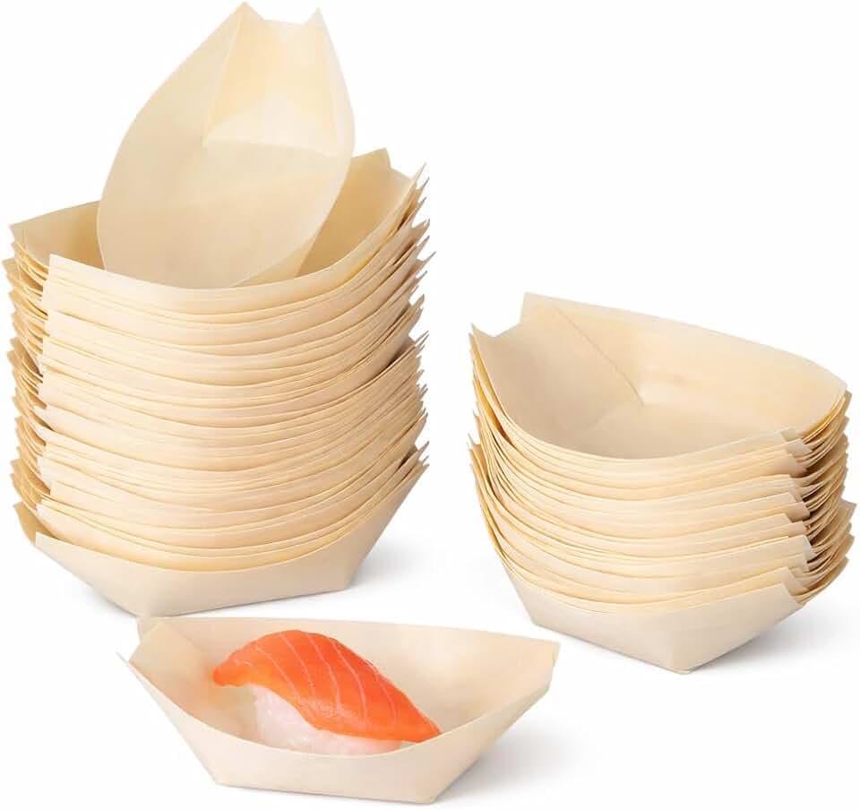 Garneck 300Pcs 3 Inch Wooden Sushi Boat - Disposable Bamboo Leaf Serving Trays for Appetizers & Desserts - Sturdy Mini Charcuterie Plates for Catering Parties Wedding