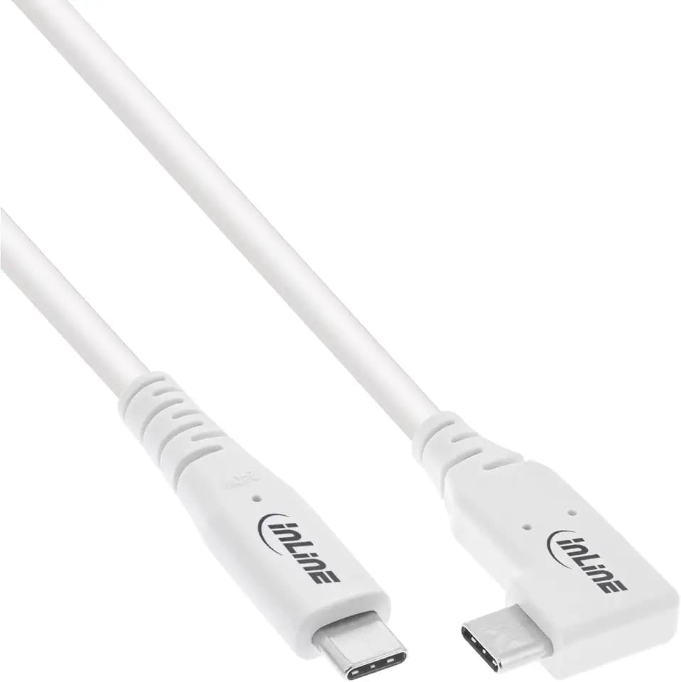 InLine USB4 Kabel, 240W USB-C auf USB-C Ladekabel, einseitig gewinkelt, PD 3.1, 40 Gb/s, 8K@60Hz, Thunderbolt 3, für Bildschirme, Festplatten, Grafikkarten, Smartphones und mehr, 2m, weiß, 35912W