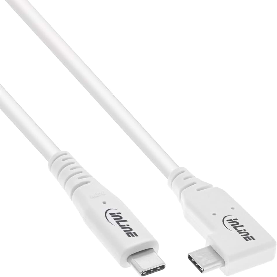 InLine USB4 Kabel, 240W USB-C auf USB-C Ladekabel, einseitig gewinkelt, PD 3.1, 40 Gb/s, 8K@60Hz, Thunderbolt 3, für Bildschirme, Festplatten, Grafikkarten, Smartphones und mehr, 1,5m, weiß, 35914W