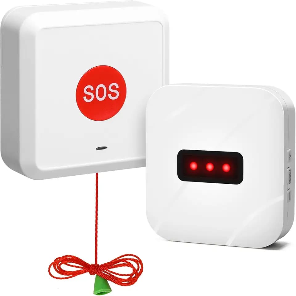 Emergency Call Light System with Pull Cord and Call Button, 60dB 80dB 100dB Adjustable Volume Alarm, Waterproof, 300 Feet Wireless Range, Designed for Accidental Falls in the Bathroom