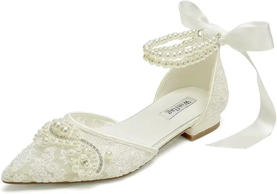 Pearl Wedding Shoes for Bride Flat Lace Bride Shoes Pointed Toe Bridal Flats
