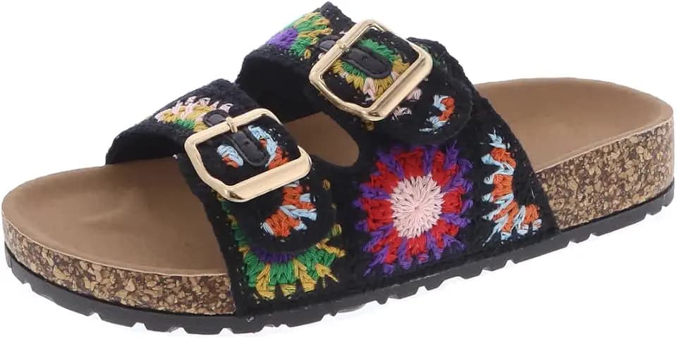 TruFox Women's Crochet Double Strap Flat Sandals with Cork Footbed