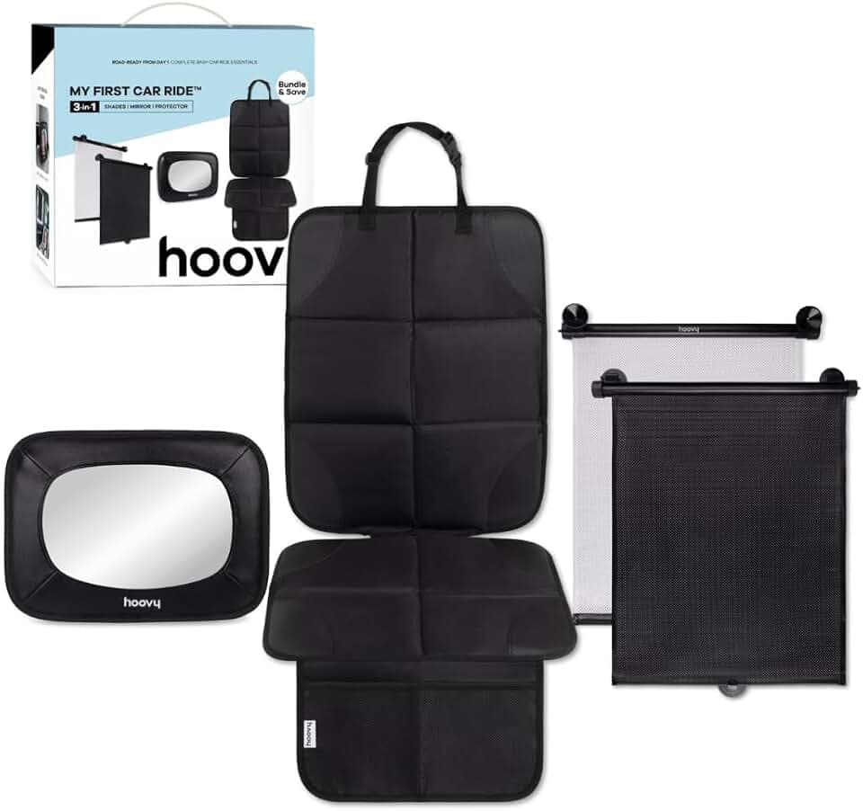 Hoovy My First Car Ride™ 3-in-1 Baby Car Essentials Bundle, Roller Sun Shades, Rear-Facing Mirror, and Seat Protector