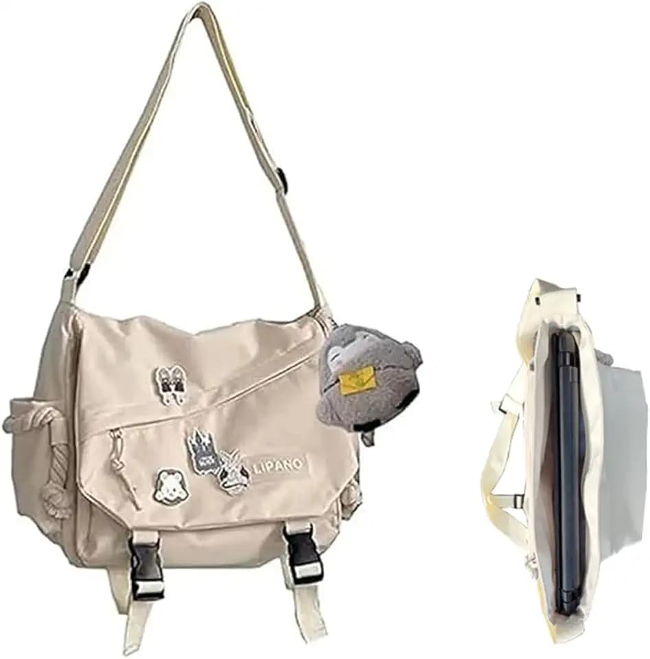 Aesthetic Crossbody Bag with Cute Pins and Ornament, Nylon Shoulder Messenger Bag Japanese Kawaii Bag for Women Men