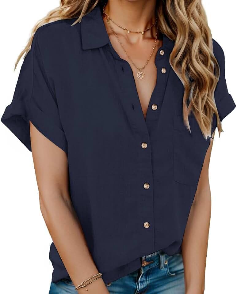 Hotouch Bluse Damen Kurzarm Hemd Lässiges V-Ausschnitt Hemdbluse 100% Baumwolle Oberteile Sommer Elegant Knöpfen Shirts mit Tasche S-3XL