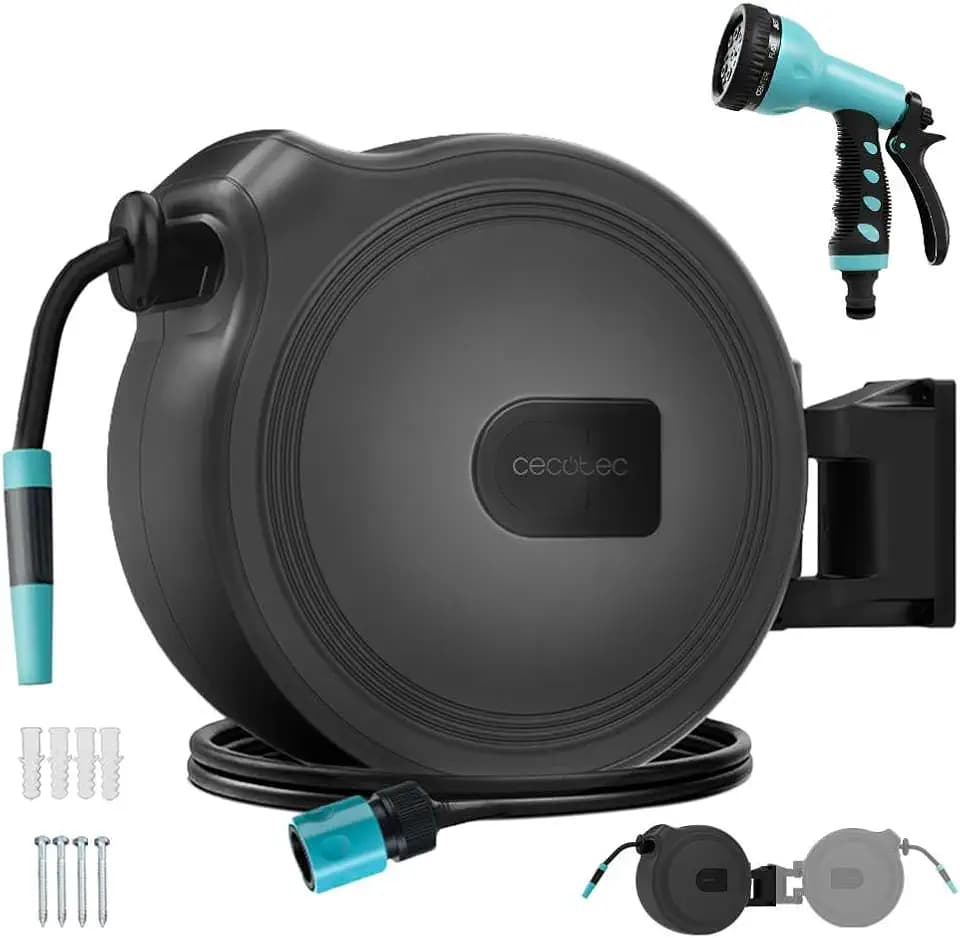 Cecotec Schlauchtrommel HydroShell 20. 20 m Schlauch + 2 m Anschluss, SlowReturn Auto-Aufwicklung, 180° drehbar, tragbar mit abnehmbarer Trommel, 8 Strahlarten, Universalanschluss 3-in-1