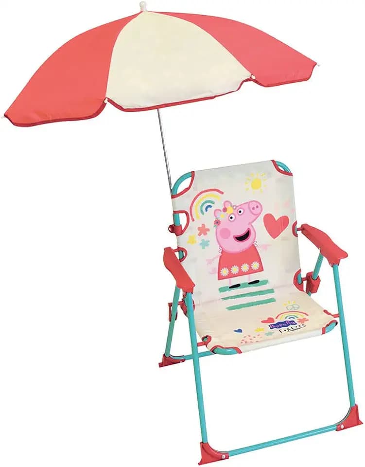 Fun House Kinder Peppa Pig Klappstuhl, Camping, Maße: H 38,5 x T 38,5 x T 37,5 cm + Sonnenschirm Ø 65 cm, Mehrfarbig