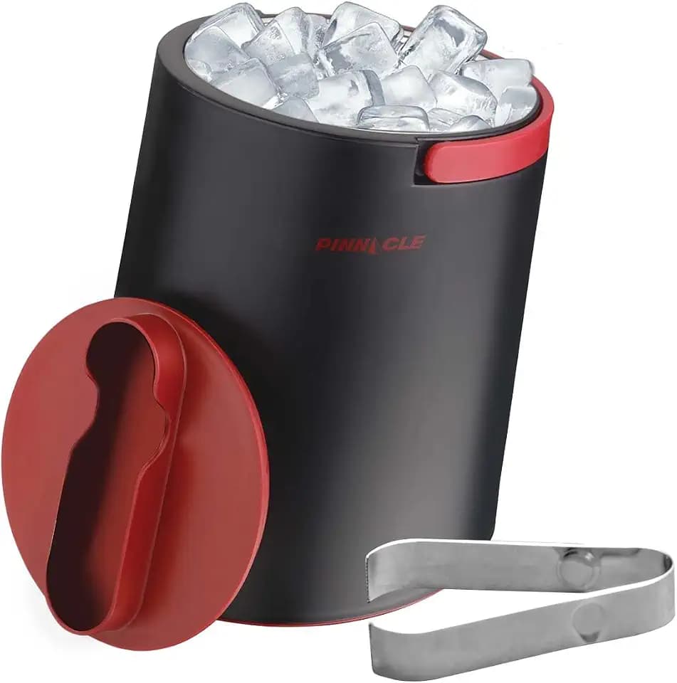 PINNACLE Isolierter Eiskübel für Partys mit Zange, die in den Deckel passt – Edelstahl-Eiskübel für Cocktailbar mit klappbaren Griffen für Innen- und Außenbereich, BPA-frei, Rot