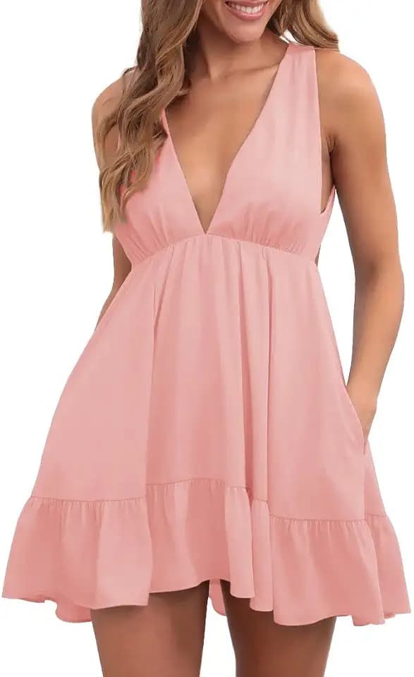 Womens Summer Mini Dress Deep V-Neck Ruffle Flowy Backless Short Dresses