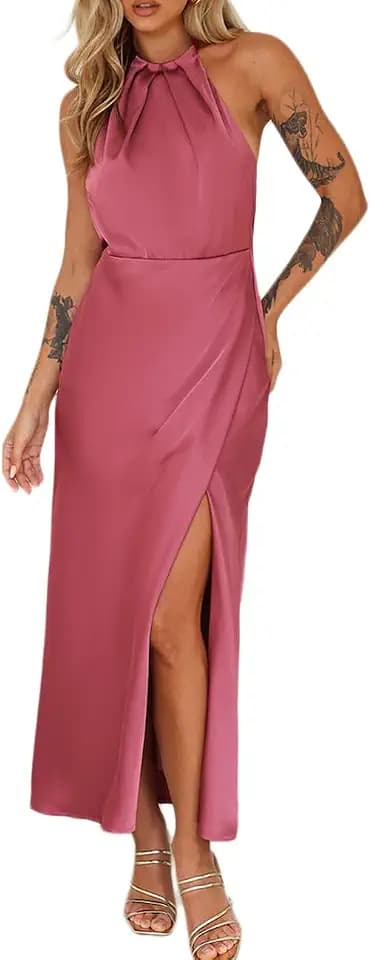 2026 Summer Satin Halter Neck Backless Slit Midi Dresses Elegant Cowl Back Ruched Wedding Guest Maxi Dress for Women