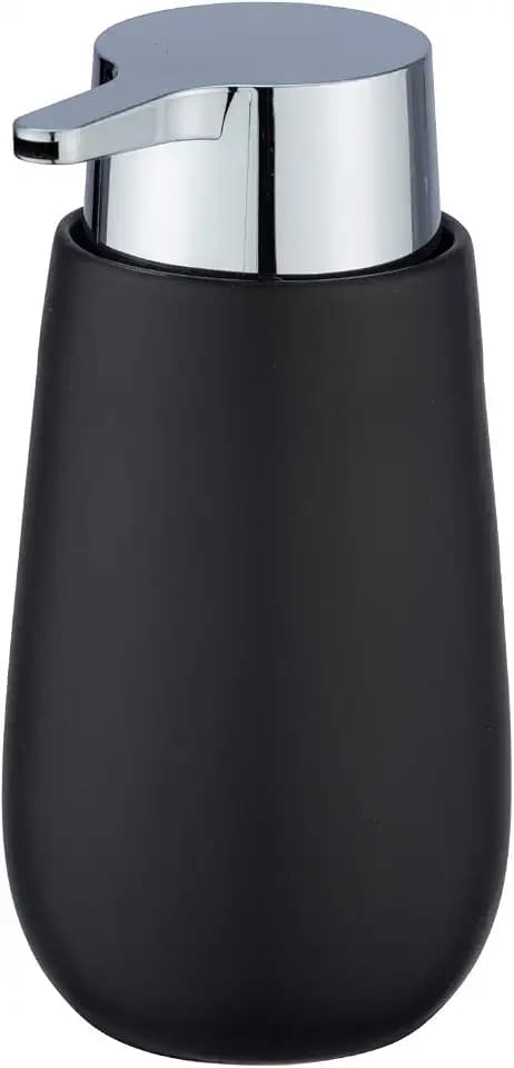 WENKO Seifenspender Badi Schwarz Keramik - Flüssigseifen-Spender, Spülmittel-Spender Fassungsvermögen: 0.32 l, Keramik, 9.5 x 16 x 8 cm, Schwarz, 16 x 8 x 9.5 cm