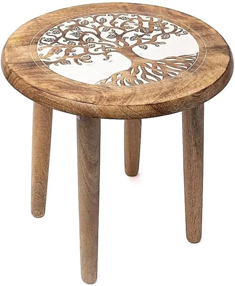 Beistelltisch Baum des Lebens aus Mangoholz – Rund – Ø 30 cm x Höhe 31 cm – 1665 g – Holzhocker mit 4 Beinen, Pflanzenhocker, Dekotisch, Altar Tisch für Edelsteine, Meditation