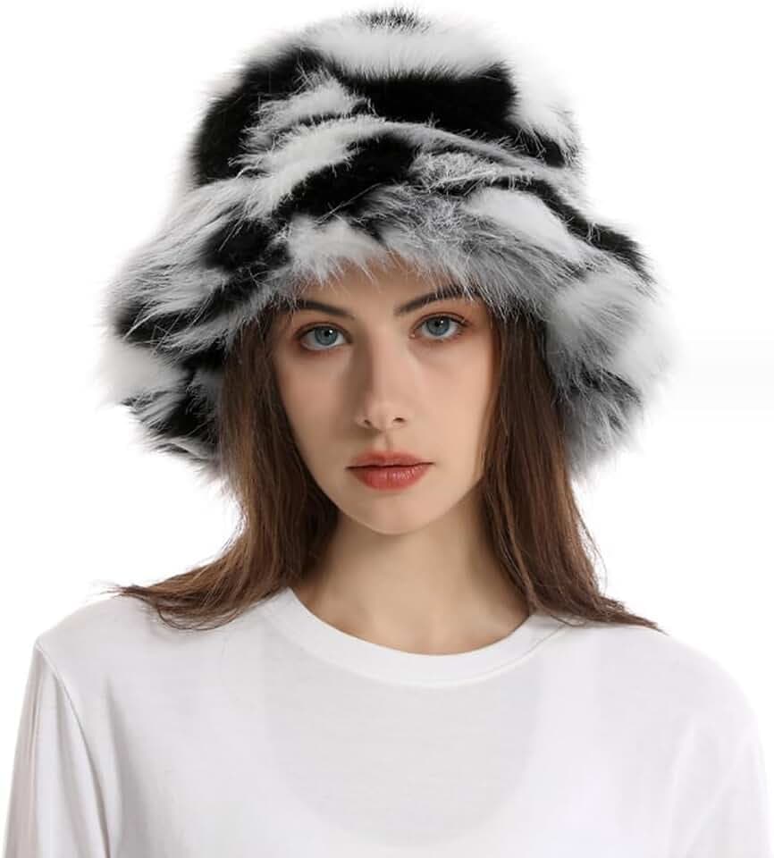OhMill Eleganter, flauschiger Fischerhut für Damen, Kunstfell, flauschig, warm, gemischte Farben, Plüsch, Fischerhut, verstellbar, für Damen, Teenager, Mädchen