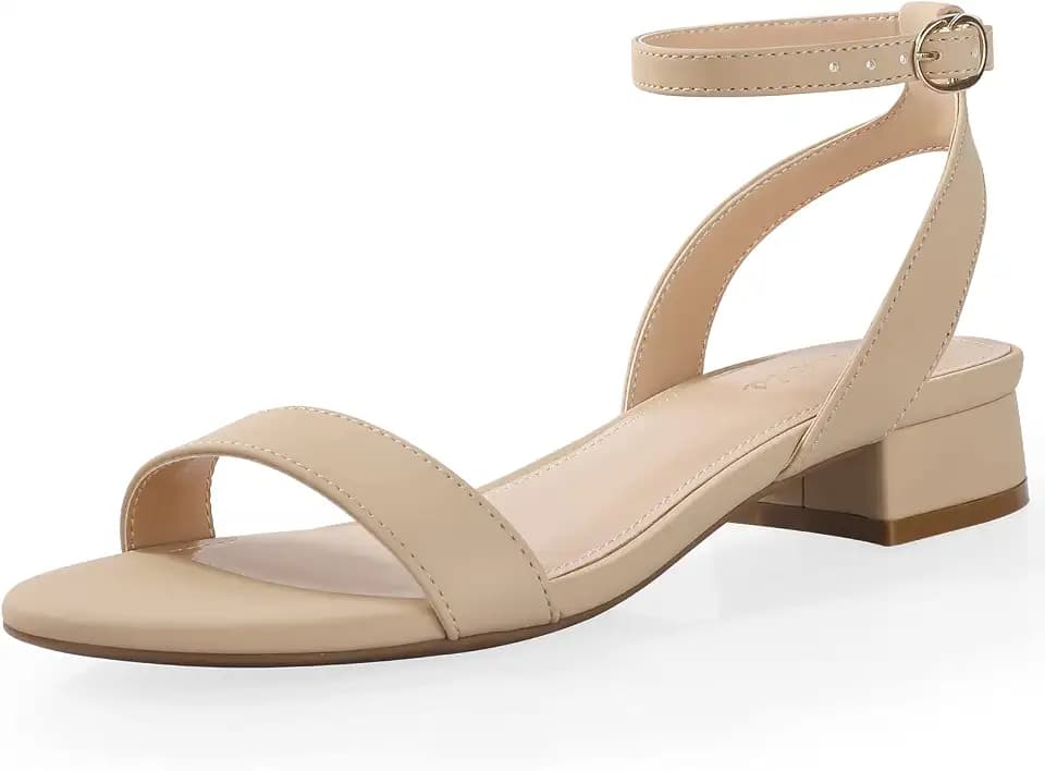 Ankis Women Nude White Gold Black Sandals Open Toe 1 Inch Low Block Heel