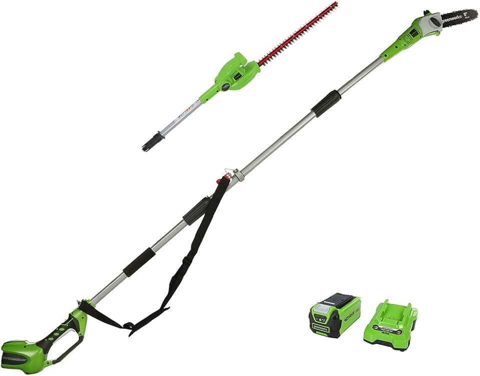 Greenworks G24PSHK2 2-in-1 Akku Stabheckenschere & Akku Hochentaster mit Schultergurt, Astsäge 20 cm Klinge, Heckenschere 51 cm Doppelklingen, 40V 2Ah Akku & Ladegerät, 3 Jahre Garantie