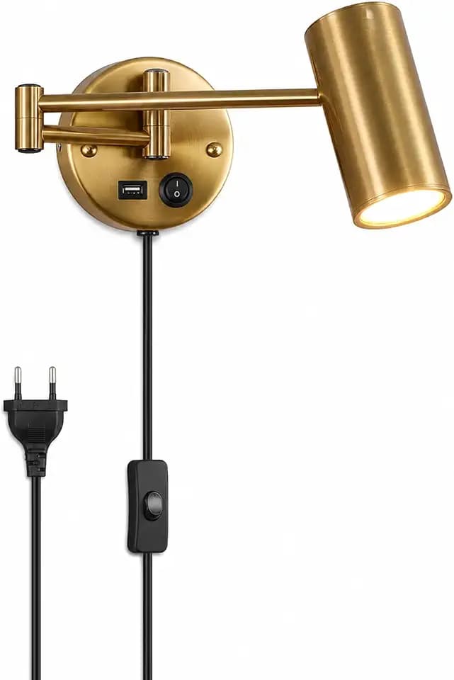 Wandleuchte mit Stecker und Schalter, Leselampe Wand Gold mit USB Ladeport, Schwenkarm Wandlampe E27 mit 150cm Kabel, 3000K Warmweiß Nachttischlampe für Schlafzimmer Wohnzimmer