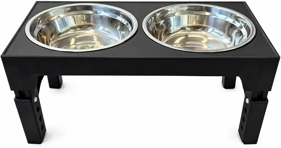 Elevated Dog Bowl Stand, Black, Adjustable Height, Double Stainless Steel Bowls,