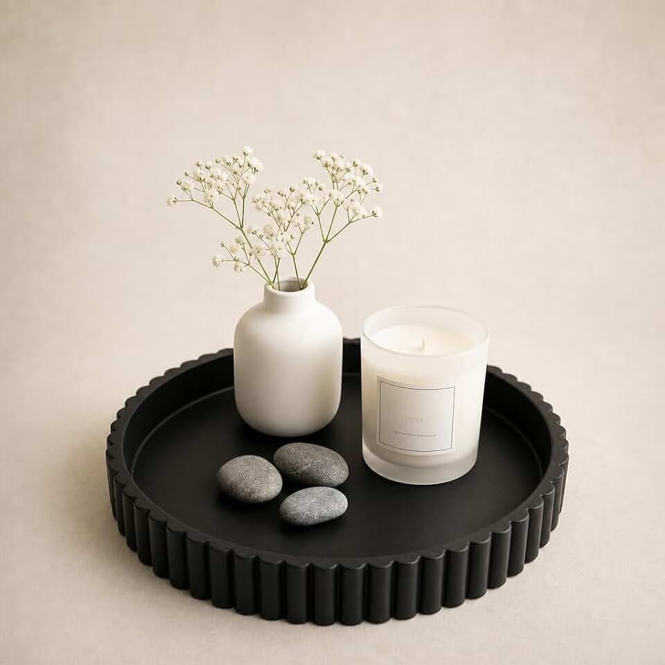 11-Inch Concrete Round Tray Home Decor for Coffee Table Decor - Round Coffee Table Tray - Circular Kitchen Island Trays - Decorative Trays- Black