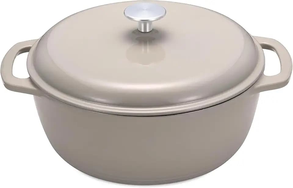 Amazon Basics Enameled Cast Iron Dutch Oven Pot With Lid, 6-Quart, Round, Dual Handles, Heavy-Duty, Oven Safe for Stews, Roasting & Baking, Linen Gray
