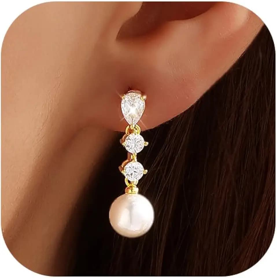 Pearl Earrings for Women, 14k Gold Plated Trendy Diamond Pearl Drop Earrings Bridal Shower Gifts Wedding jewelry for Women