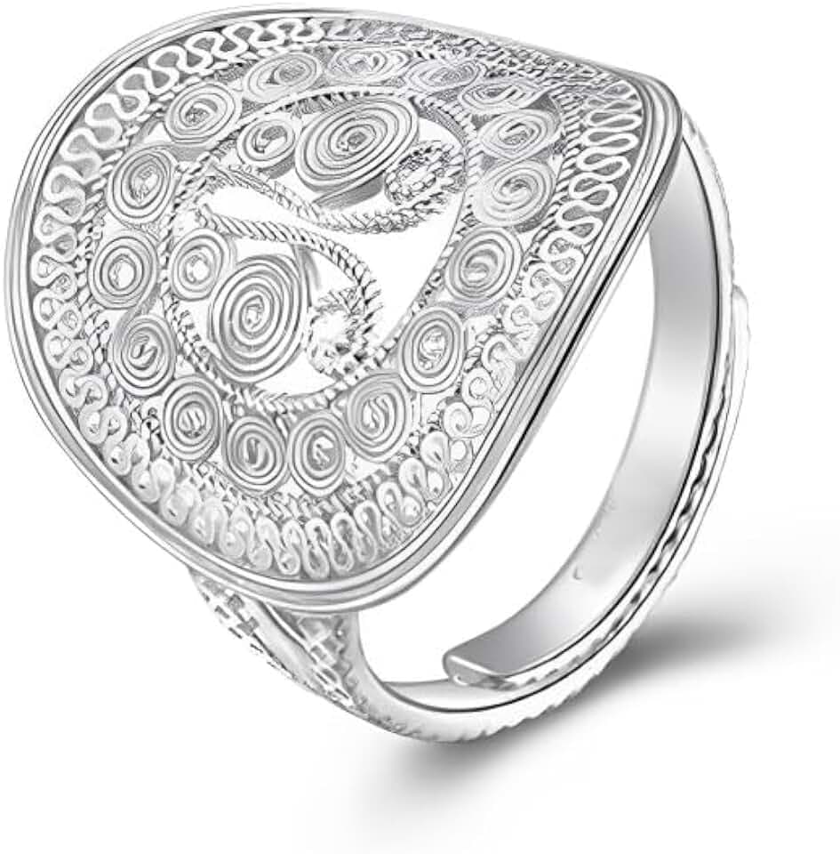 Dtja Boho Oval Filigree Statement Ring for Women Silver Plated Adjustable Expandable Open Wrap Finger Rings Comfort Fit Bohemian Indian Tribal Style Wedding Festival Holiday Jewelry Gift