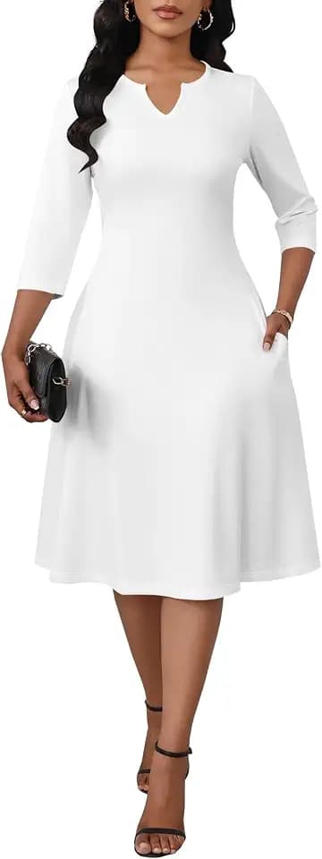 Women's 3/4 Sleeve Midi Dress V Neck Fit and Flare A-Line Wedding Guest Church Dress with Pockets S-3XL