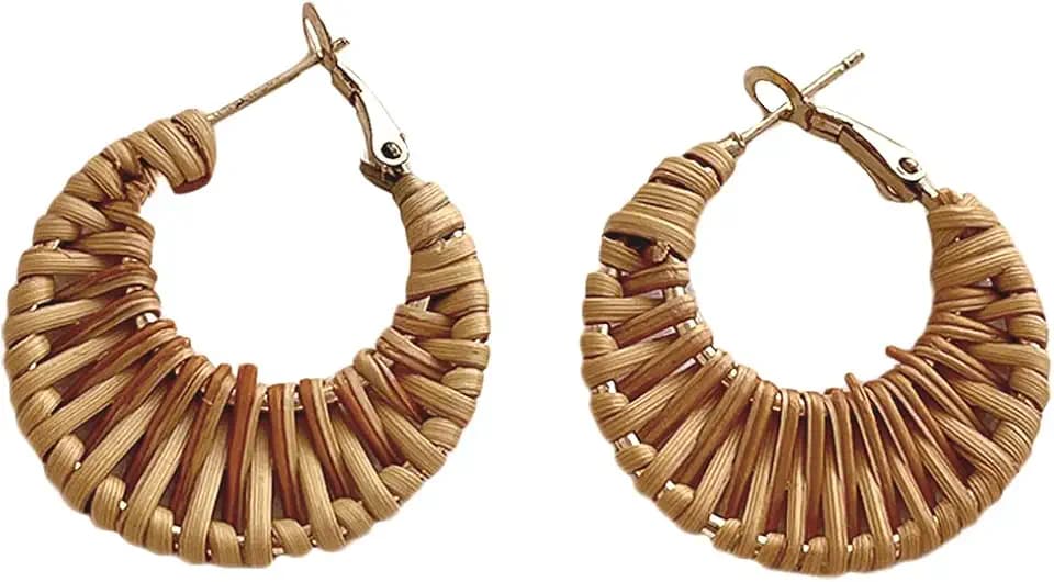 Lightweight Geometric Rattan Earrings for Women Handmade Braid Woven Raffia Straw Wicker Hoop Statement Earrings Summer Jewelry