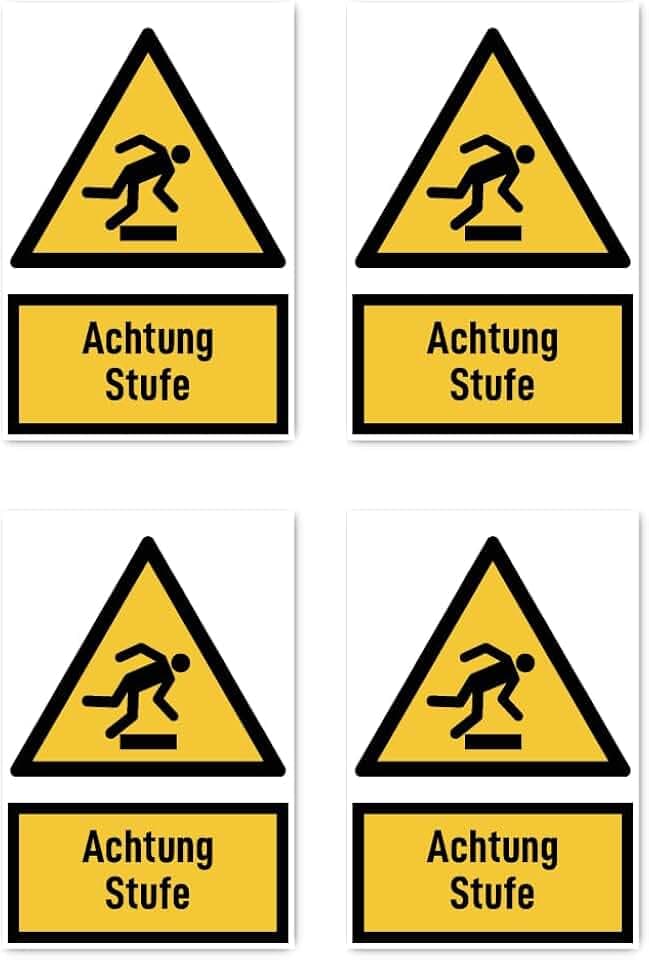 Aufkleber: 112.5x75 mm, 4 Stück - Achtung Stufe - Warnzeichen mit Text (deutsch) (gelb/schwarz) - hochkant - W007 - DIN EN ISO 7010 / ASR A1.3