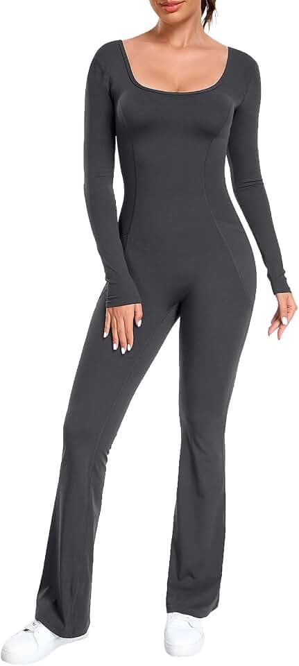 ECUPPER Women Flared Jumpsuit Long Sleeve One Piece Workout Gym Romper