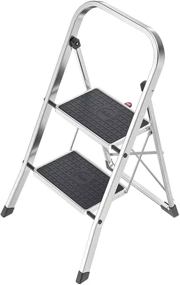 Hailo K70 StandardLine Alu-Klapptritt-Leiter - 2 große Stahl-Stufen mit Anti-Rutsch-Matten belastbar bis 150 kg - Trittleiter mit Klappsicherung - besonders leicht und einfach zu verstauen - Silber