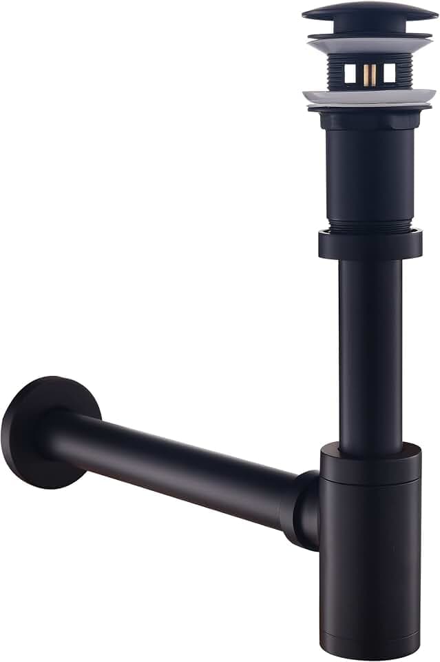 SET - Design Siphon mit Ablaufgarnitur mit Überlauf für Waschbecken Schwarz Matt – Keymark Universal Siphon und Ablaufventil Bad – Messing Syphon Sifon Pop Up Abflussgarnitur Abfluss Waschtisch