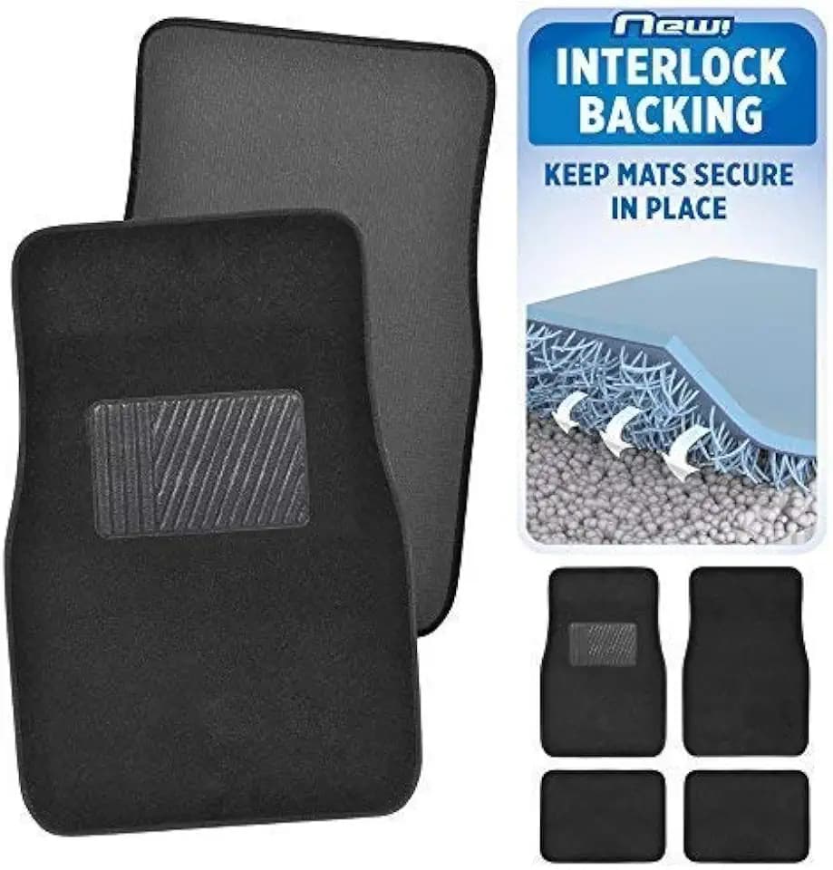 BDK InterLock Car Floor Mats - Secure No-Slip Technology for Automotive Interiors - 4pc Inter-Locking Carpet (Black) (826942129223)